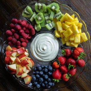 Blueberries, Apples, Raspberries, Strawberries, Pineapple, and Kiwi with dip