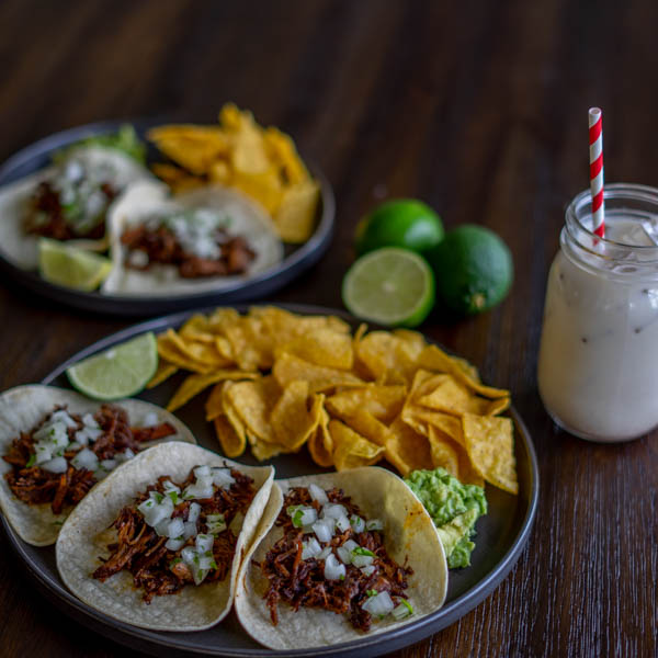 Pork Carnitas Tacos with Chips and Horchata