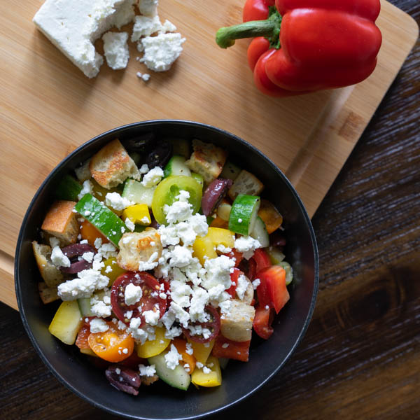 Bread, Cucumbers, Tomatoes, Bell Pepper and Feta Salad