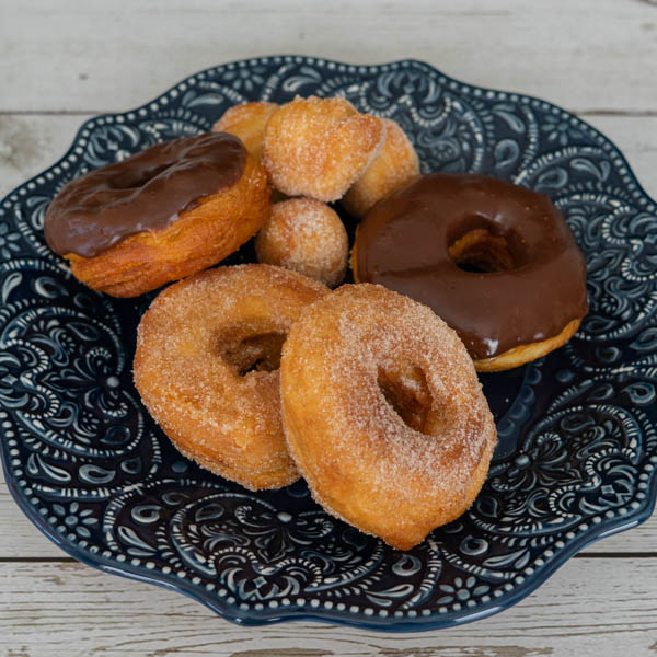 Doughnuts with chocolate glaze and cinnamon sugar dusting